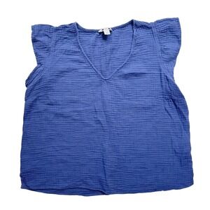 Three Dots Blue Double Gauze V-Neck Sleeveless Flutter Sleeve Top Women's Size L